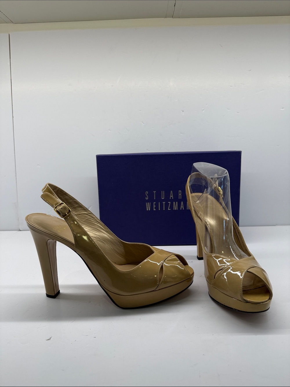Stuart Weitzman Nude Patent Peep-Toe Slingback Heels